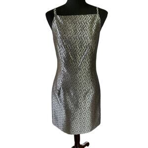 Vintage 90s Silver & Black Geometric Slip Dress 4 – Sleek Satin Minimalist Look